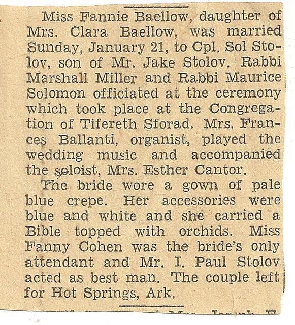 Fannie Baellow & Sol Stolov Wedding Announcement, 1945