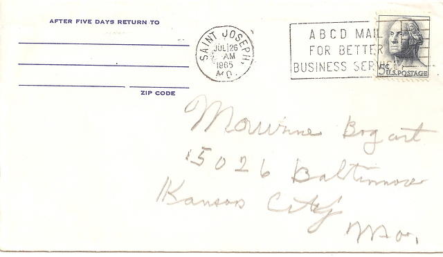 Letter to Maurine and Robert Bogart from mother Lena. St. Joseph. 1965. (envelope)