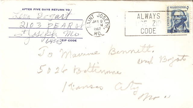 Letter to Maurine Bennet/Bogart from mother Lena. St. Joseph. 1967.