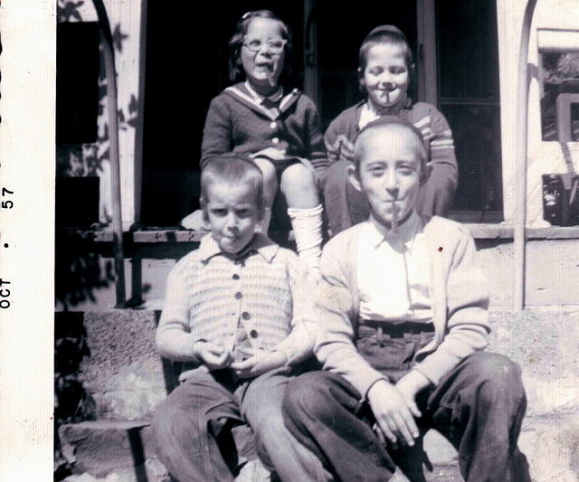 Chanie Farber, Moishey Farber, Seated Front: Heshy Farber, Cousin (Chavush Newmans brother) - October 1957