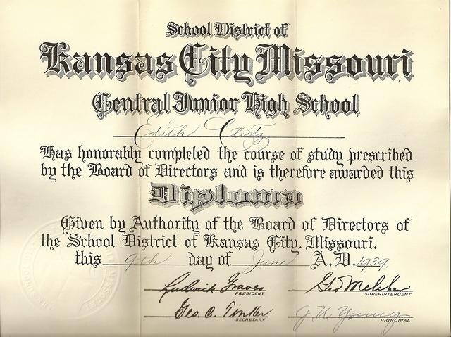 Edith Clutz Jr High Diploma. See notes.