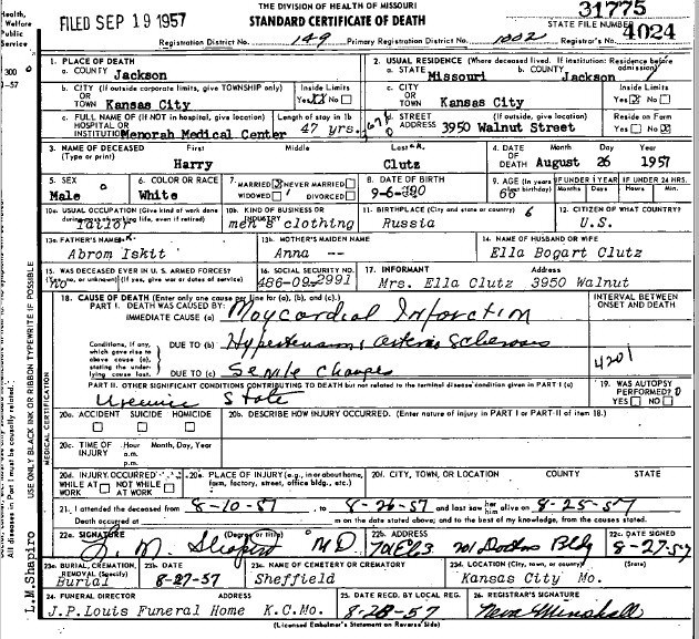 Harry Clutz Death Certificate