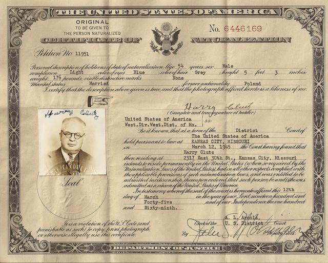 Harry Clutz Naturalization, front