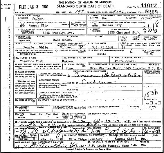 Mary Sporn Death Certificate