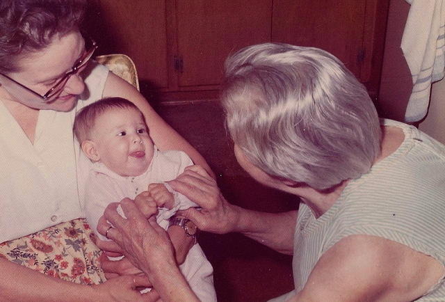 Marietta Ritz Cohn holding Amy Cohn and Anna Ritz at Mary's Birthday - Sept 29, 1972