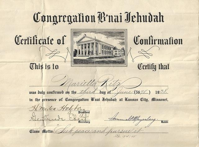 Marietta Ritz Cohn, Confirmation Certificate, 1938