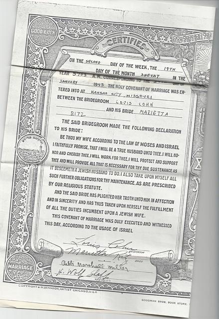 Marriage Certificate of Louis Cohn & Marrieta Ritz, 1943