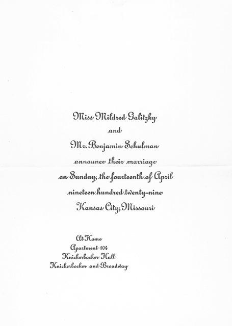 Wedding invitation for Ben and Mildred Galitzky Schulman, 1929