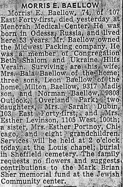 Morris Baellow, Obituary