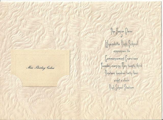 Shirley Cohn Levine, High School graduation invitation, 1944