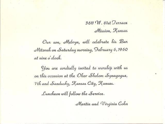 Melvin Cohn Bar Mitzvah Invitation - Feb 6, 1960