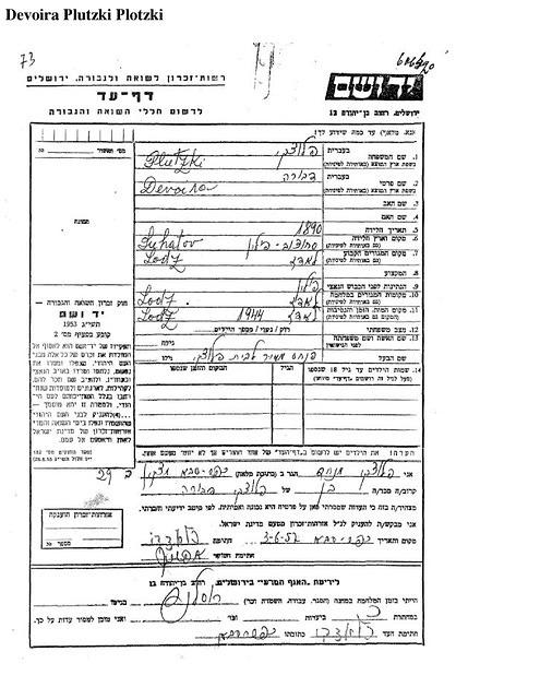 Devorah Plotsky Yad Vashem Page of Testimony