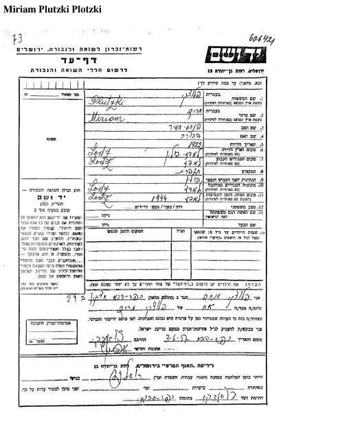 Miriam Plotsky Yad Vashem Page of Testimony