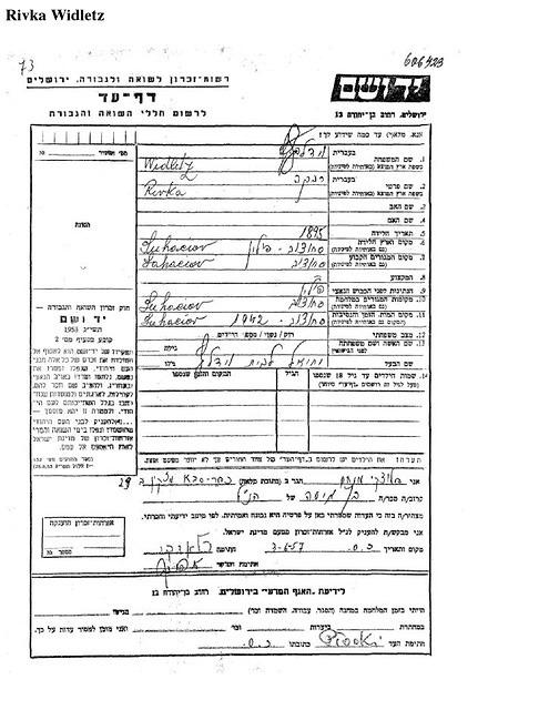 Rivka Widletz Yad Vashem Page of Testimony