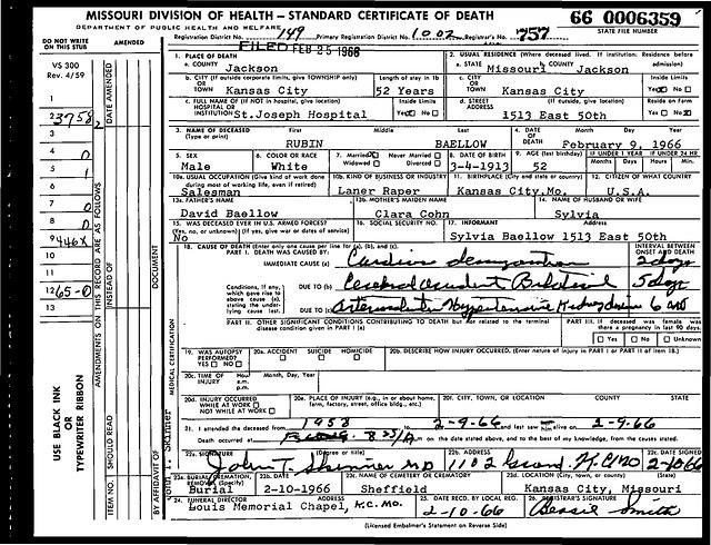 Rubin Ruby Baellow Death Certificate