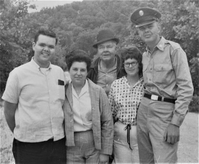 Frank Loving, Harla Loving, Floyd Loving, Jo Edelman, and Tom Loving. Fort Leonard Wood MO May or June of 1964.