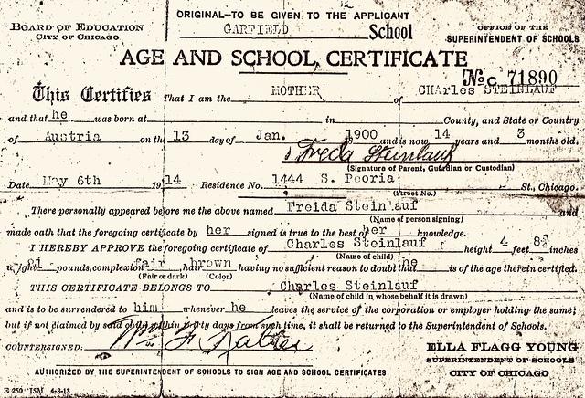 Charlie Steinaluf School Certificate, 1914