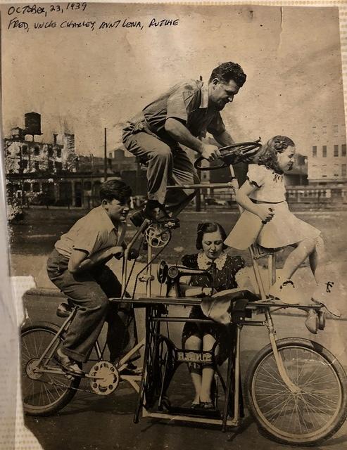 Fred, Charlie, Lena Nathan, and Ruthie Steinlauf Mason, Sewing Machine Bike Bicycle, 1939