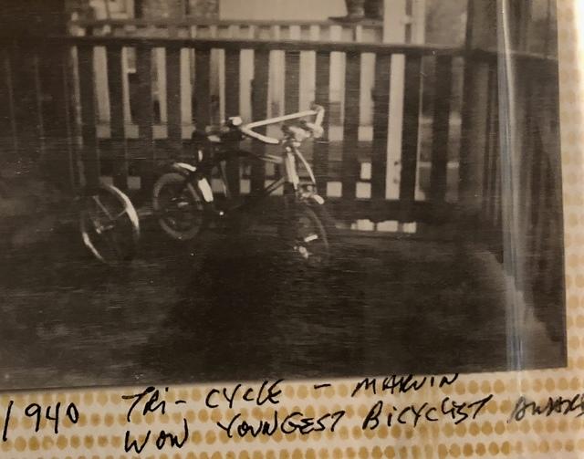 Tricycle Marvin Steinlauf rode at two years old to win the youngest bicyclist award, 1940