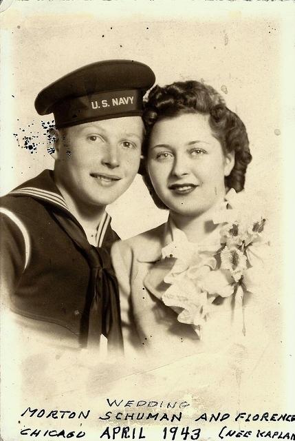 Wedding portrait of Morton Schuman and Florence Kaplan, Chicago, April, 1943