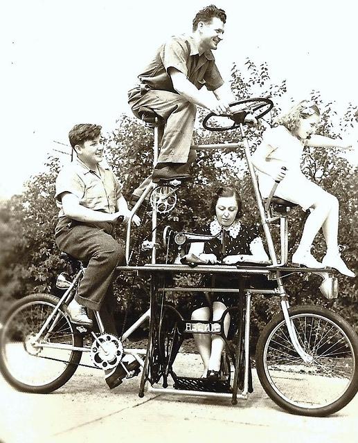 Steinlauf's on the Sewing Machine Bike - Lena sewing, Charlie at top steering, Fred at rear, Ruth in front