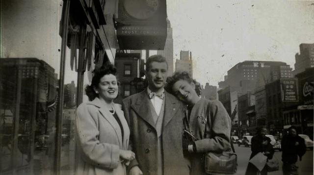 Mimi, Eli, and Blanche Becker Steinlauf in Manhattan, NY at the Hotel New Yorker, May 1946.