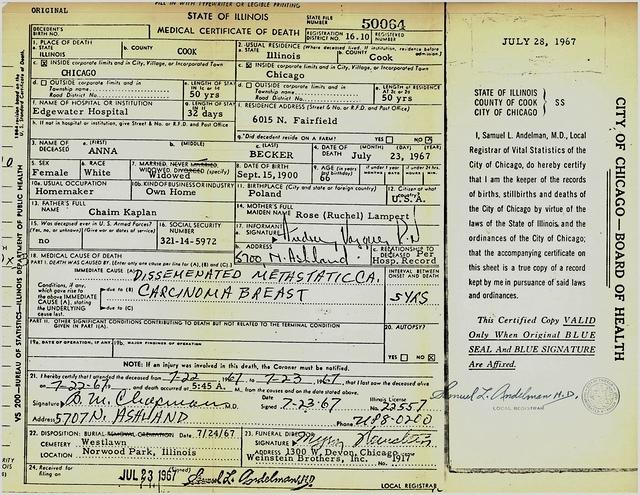 Anna Kaplan Becker Death Certificate