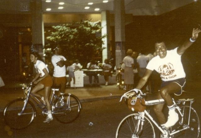 Cal Colman Steinlauf doing a Bike-a-Thon while the manager at the Bank of Lincolwood, 1978