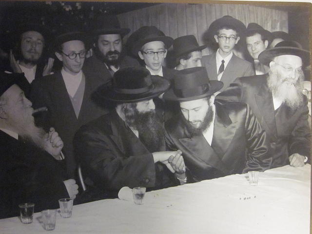 L to R at the Wedding of Volvie Strohli:  Kapichna Rav, Klausenberger Rebbe, Volvie Strohli, the Tsalemer Rav