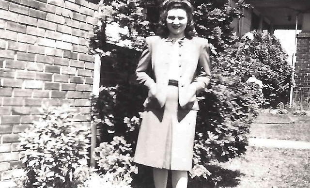 Edith Clutz Markowitz, "In front of our house" - July, 1945