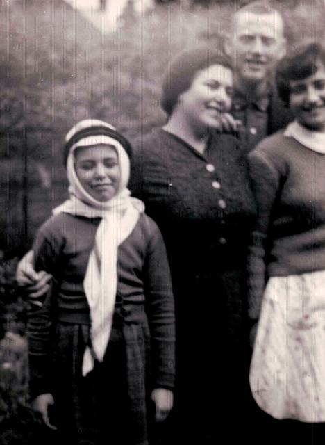 Rachel Bleier (dressed up for Purim), Rochel (Avraham's wife), Joe Weiss, Esther Copperman in Ireland.  See notes. 1960