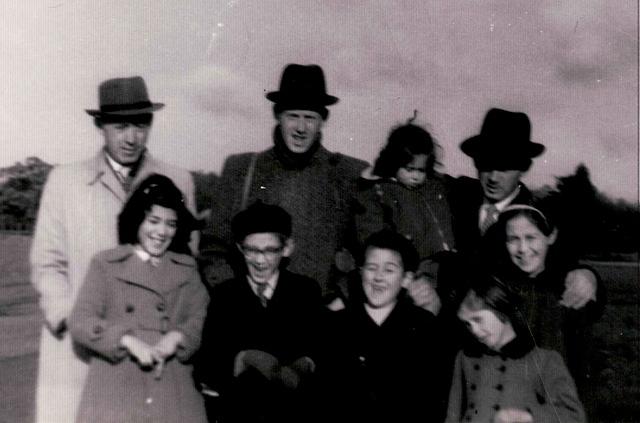 Back:  Avraham Andor Bleier, Joe Weiss, Yitchak Bleier holding little Naftali Bleier, Front: Rachel Bleier Taub, Chaim Bleier, Shiah, Little Esther Bleier Schlessinger, Sarah Bleier Fischer in Dublin, Ireland, 1960