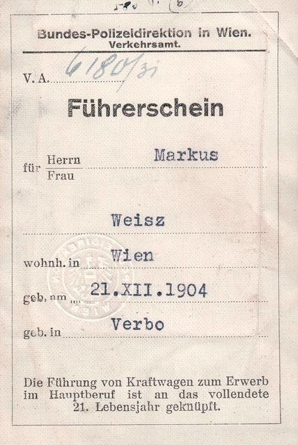 Markus Weiss Visa to go from Verbo, Czechoslovakia to Vienna, Austria (back)