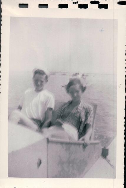 Joe and Flo Weiss Rosof boating at Jones Beach 1953