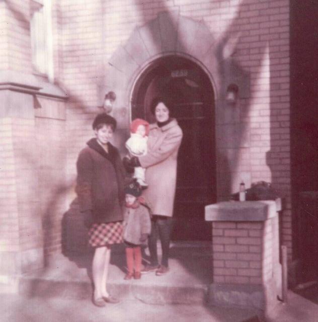 Joyce Steinlauf Corcia, Rivka Weiss Goldstein, and Flo Florence Weiss Rosof holding Miriam Weiss Anton