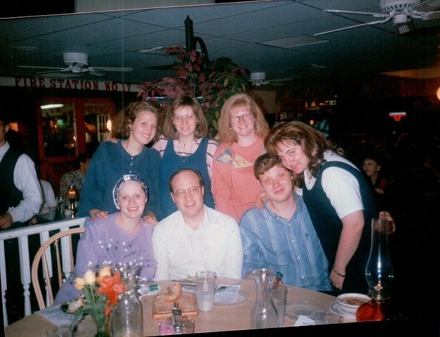 (standing) Naomi Weiss Cohn, Miriam Weiss Anton, Rivka Weiss Goldstein (sitting) Rachel Weiss Feit, Peretz Feit, Yitzi Weiss, Paula