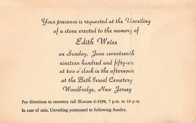 Headstone Unveiling for Edith Rivka Weiss, 1956