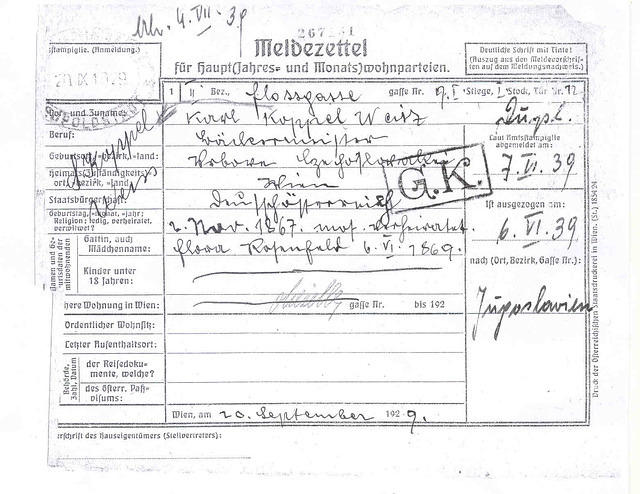 Karl Koppel Weisz Meldezettel (Residence Registration Form)