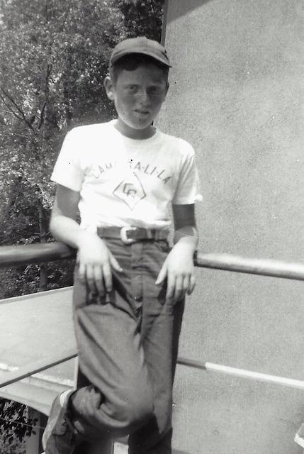 Joe Weiss wearing a Camp Galila tshirt at Hyde Park. 1951. 12 1/2 years.