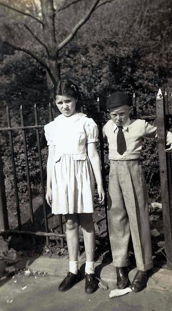 Rivka Edith Weiss, Violet Bleier Silvern, and Joe Weiss in Prospect Park, Brooklyn, NY. Abt 1945. See notes.