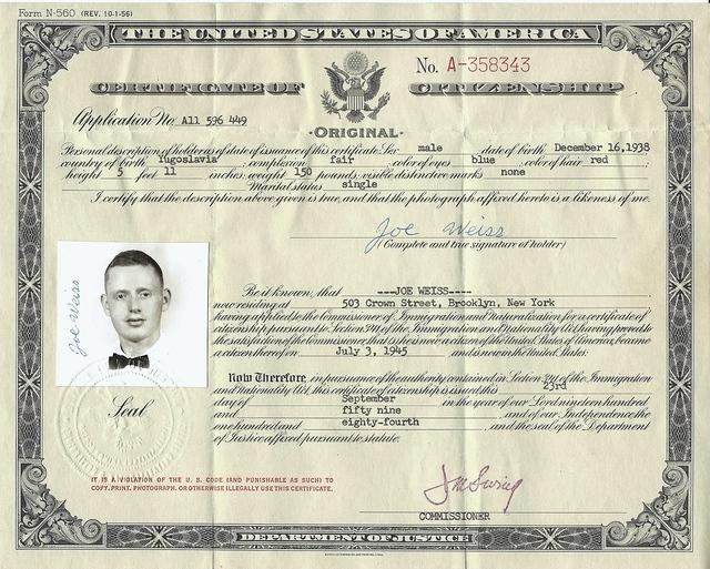 Joe Weiss Naturalization Papers Document Citizenship