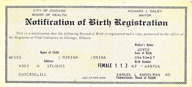 Miriam Weiss Anton Birth Registration