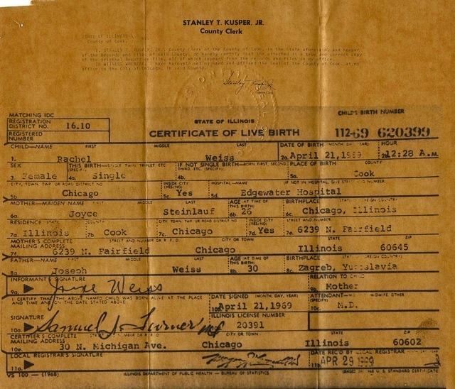 Rachel Weiss Birth Certificate