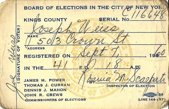 Joe Weiss, Voter Registration Card, 503 Crown Street, NY