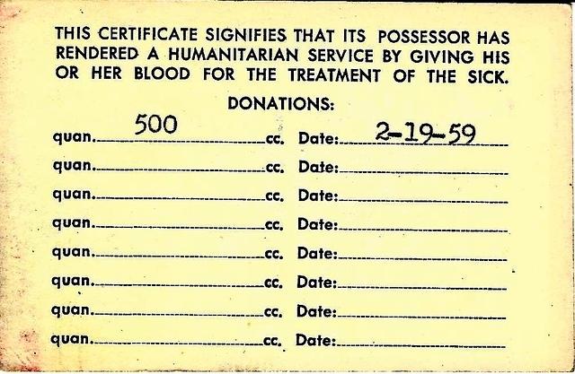 Joe Weiss Blood Donation Card 1959