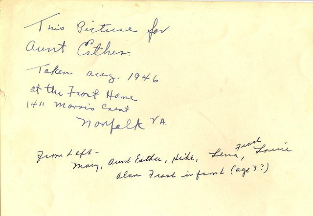 Marietta Ritz Cohn, Esther Baellow Wolfson, Hike Cohn Schulman, Libby Baellow Cohn, Louis Cohn, Alan Frash, Norfolk, VA - 1946 (back)