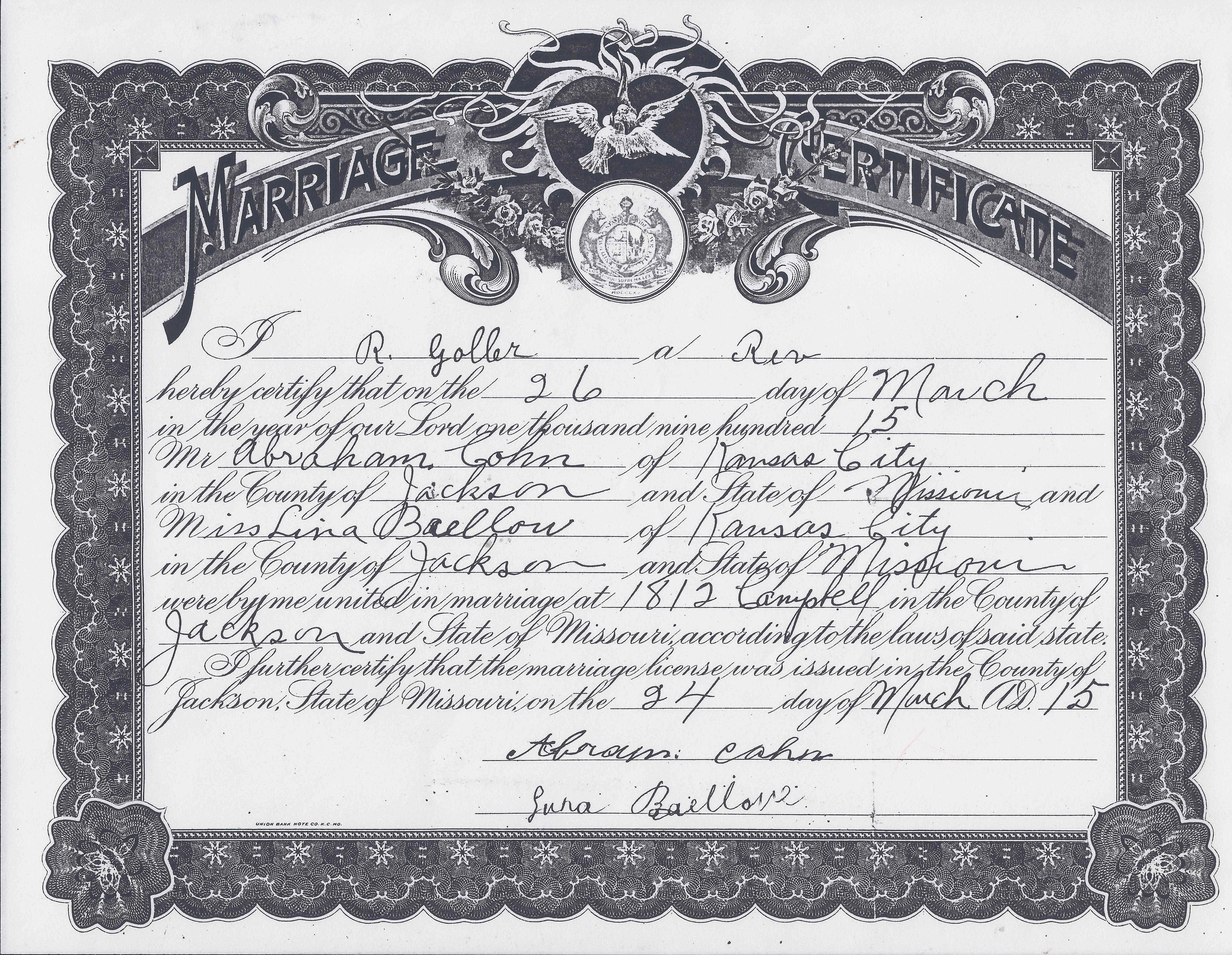 Abe & Libby Baellow Cohn Kesuba Wedding Certificate, 1915