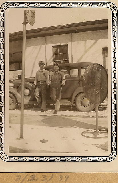 Dave Bell and Louis Cohn (right), Feb 23, 1939 at the Phillips 66 Filling Station (Gas station) he worked at