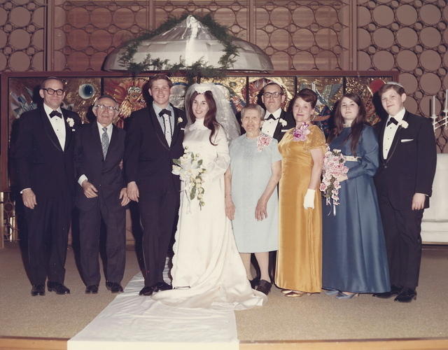 Wedding of Les Cohn and Linda Clutz.  L to R: Louis Cohn, Abe Cohn, Chana Bala Annie Ritz, Al Alfred, Marietta Ritz, Roni Cohn Belson,