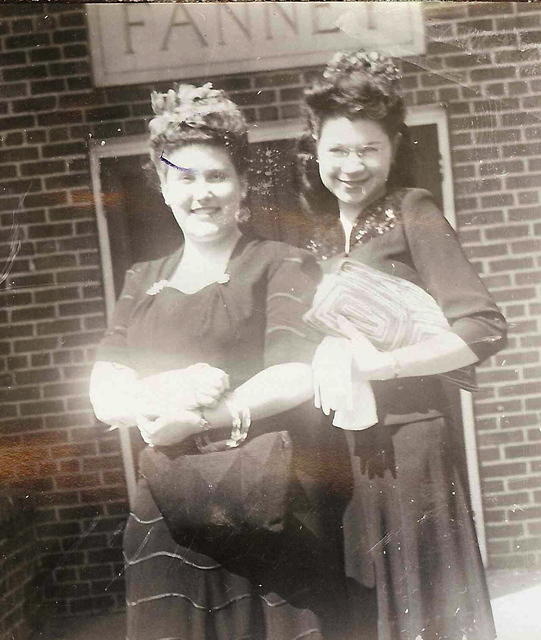 Marietta Ritz Cohn and Eva Cohn Tulchinsky in front of their apartment in Norfolk, VA. Sept 22, 1945